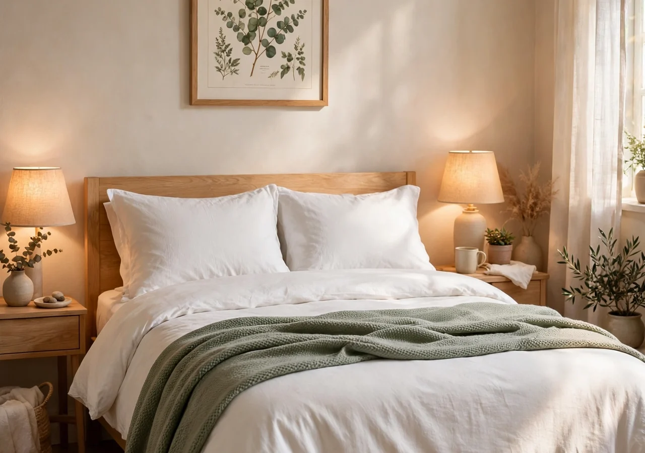 White bedding with sage green throw, light oak bed, bedside lamps and botanical print