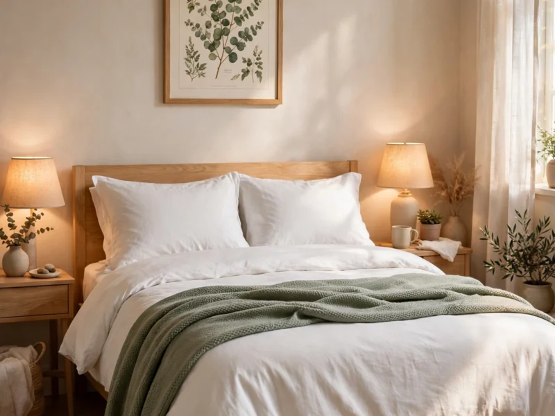 White bedding with sage green throw, light oak bed, bedside lamps and botanical print