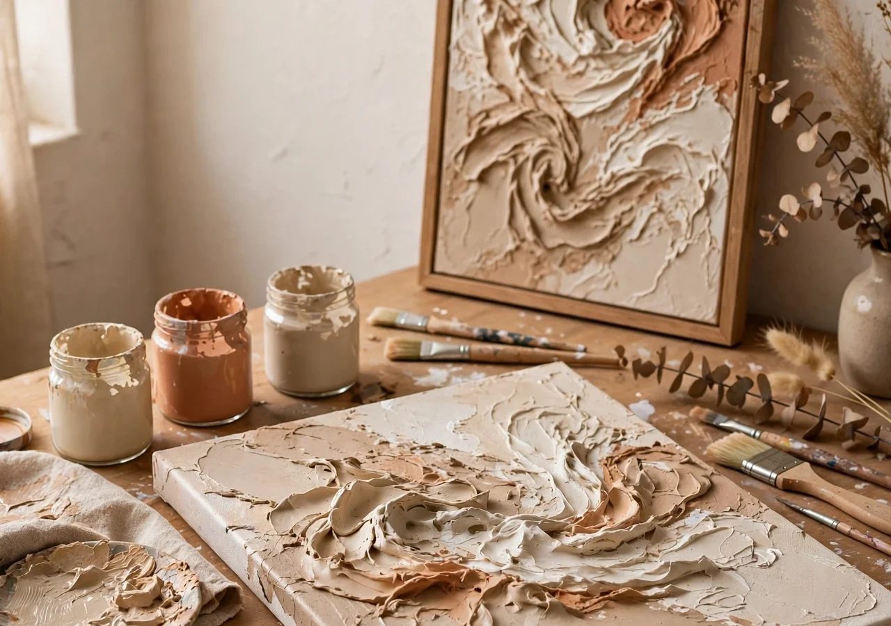 Craft table with handmade textured canvas art, paint brushes and jars