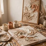 Craft table with handmade textured canvas art, paint brushes and jars