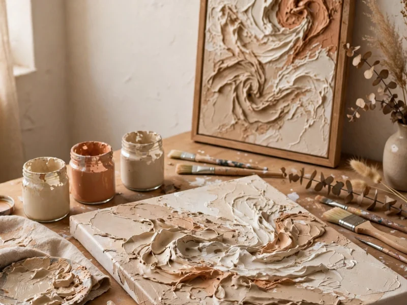 Craft table with handmade textured canvas art, paint brushes and jars