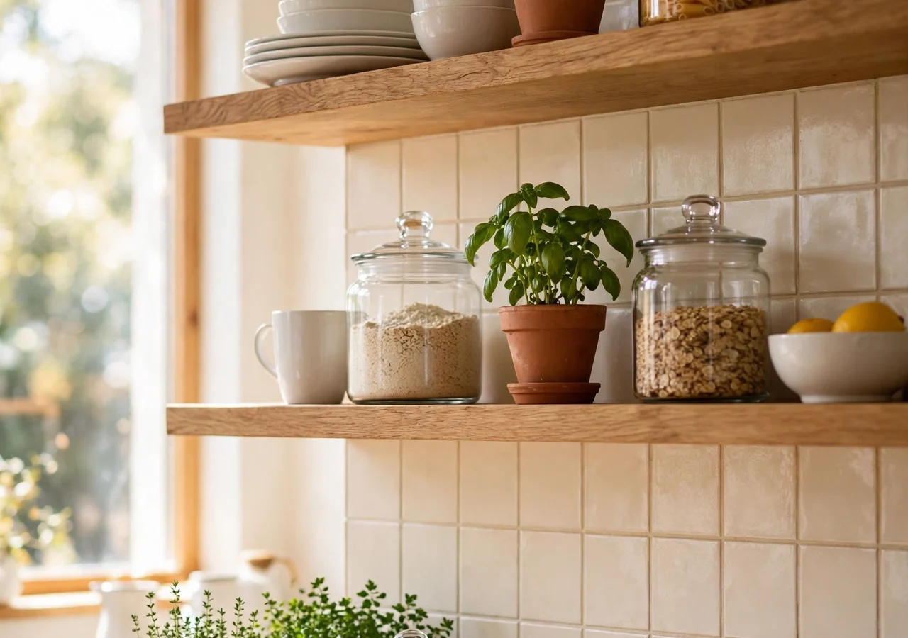 Open wooden shelves with white ceramics, herbs and glass jars
