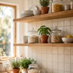 Open wooden shelves with white ceramics, herbs and glass jars