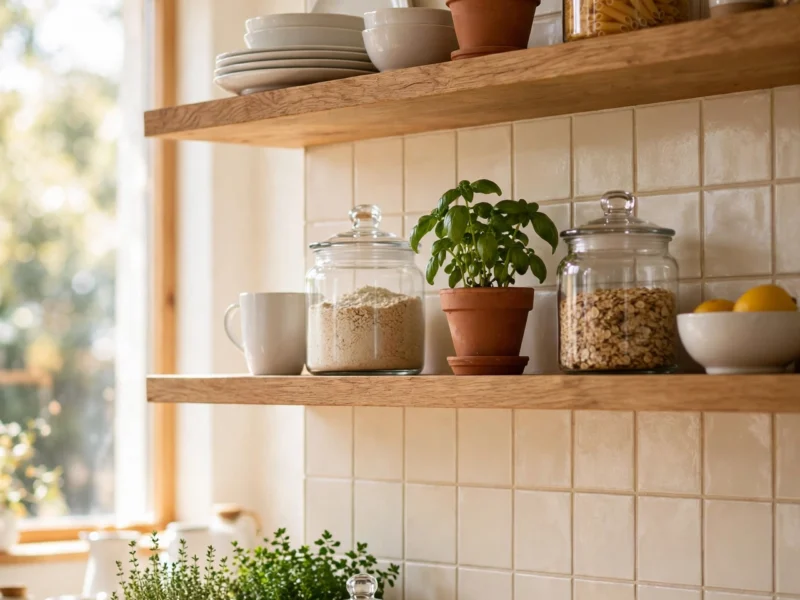 Open wooden shelves with white ceramics, herbs and glass jars