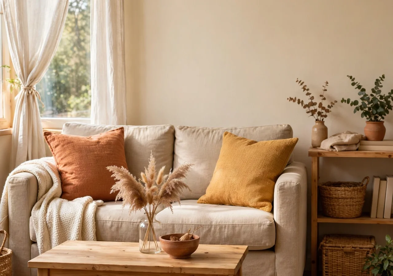 Beige linen sofa with terracotta and mustard pillows, pampas grass vase, jute rug and wooden coffee table