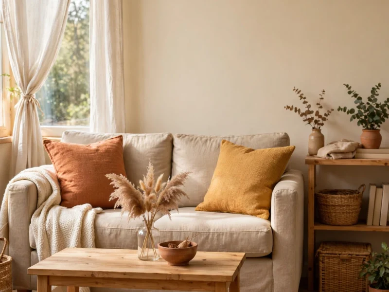 Beige linen sofa with terracotta and mustard pillows, pampas grass vase, jute rug and wooden coffee table