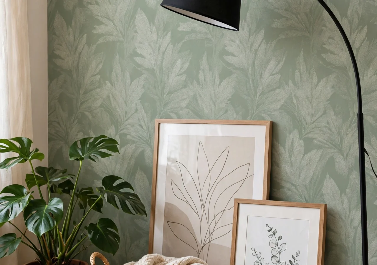 Sage accent wall with leaning framed art, arc floor lamp and plants