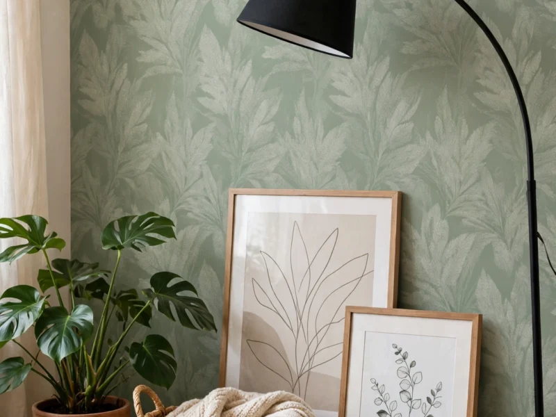 Sage accent wall with leaning framed art, arc floor lamp and plants