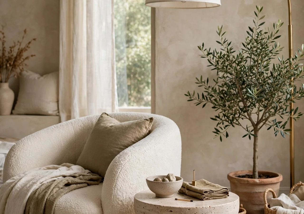 Curved boucle armchair, travertine side table, arched lamp and olive tree