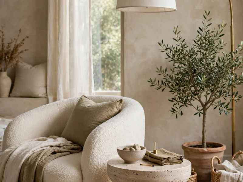 Curved boucle armchair, travertine side table, arched lamp and olive tree